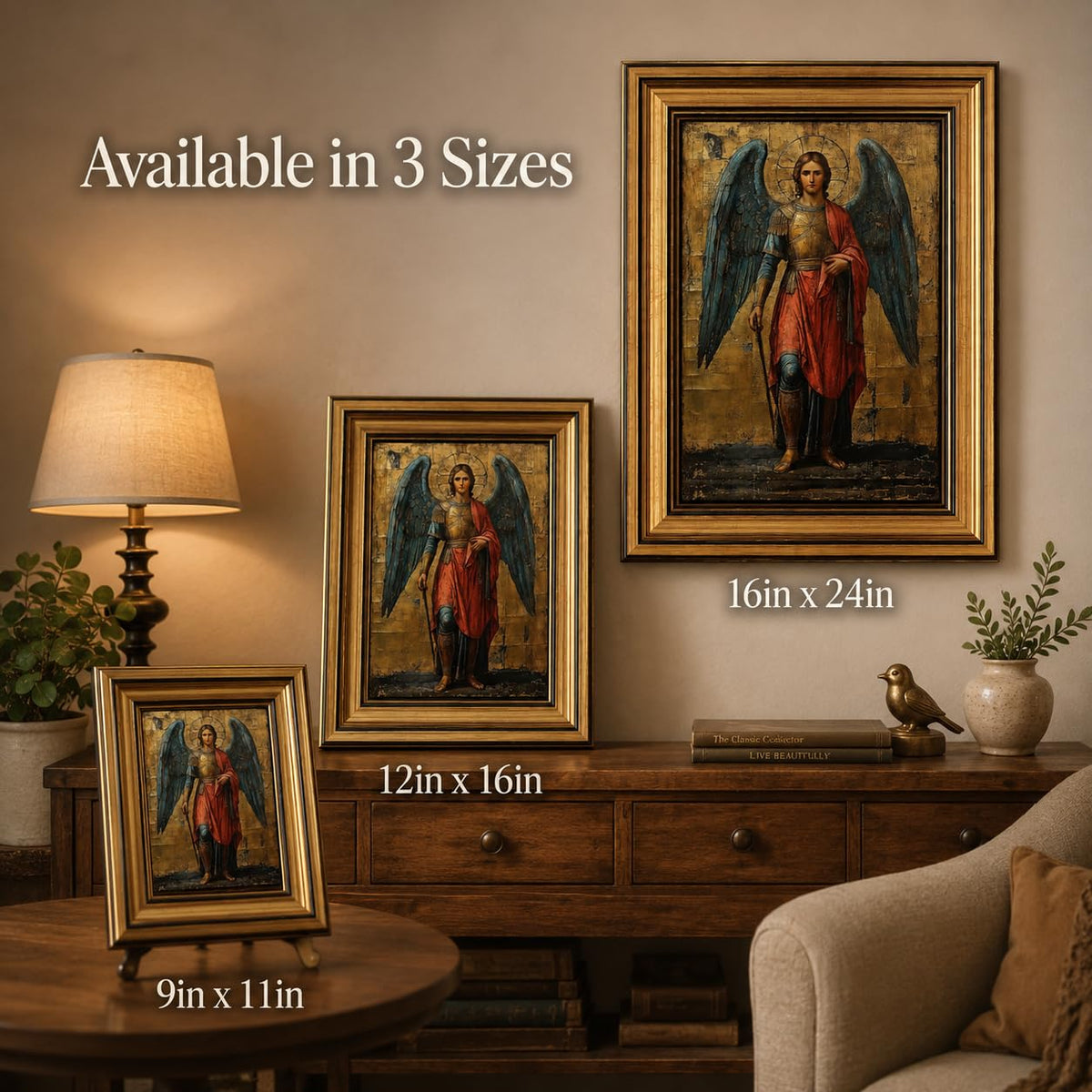 Gold Framed Archangel Michael Canvas Wall Art 16inx24in (Archangel A / 24"L x 16"W)