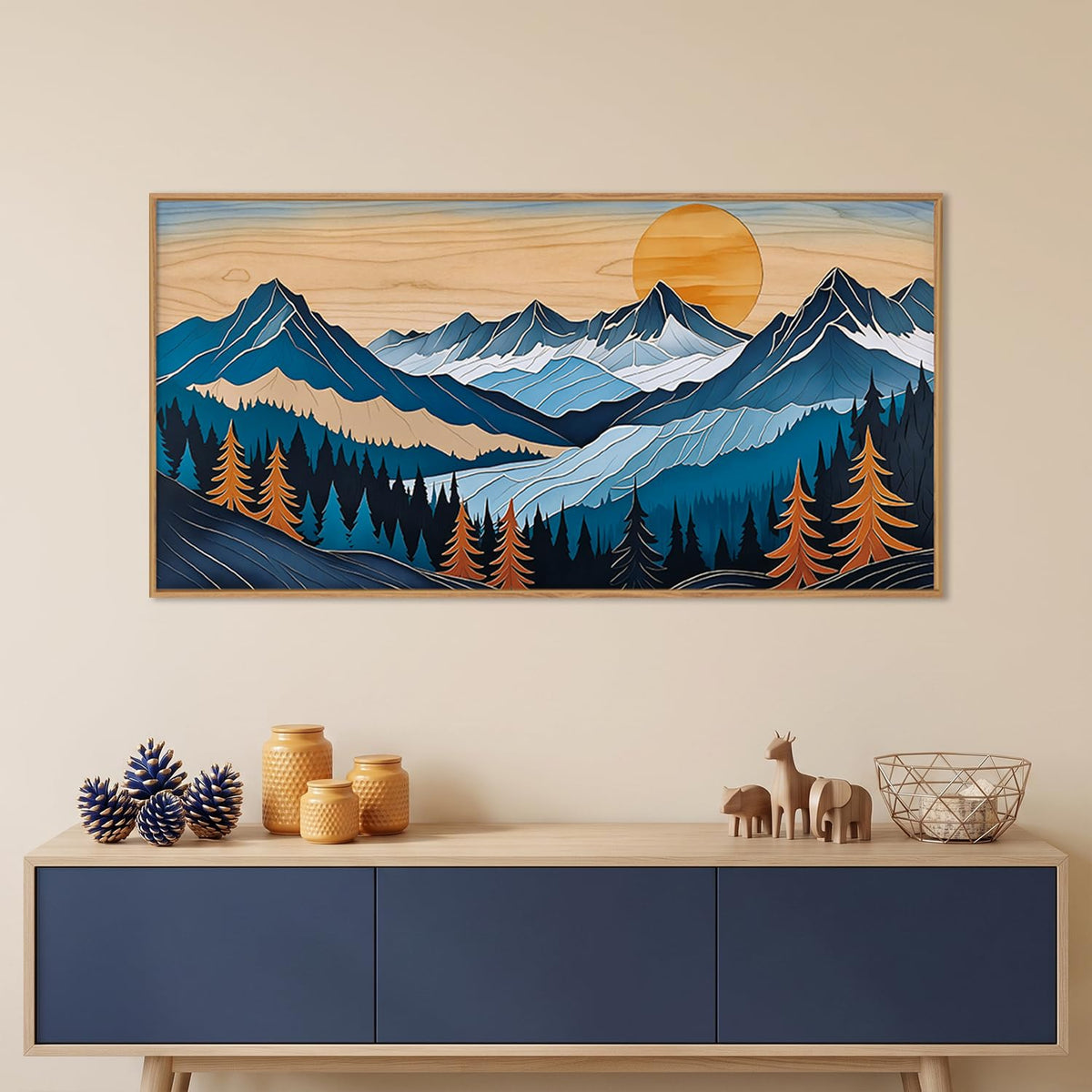 Boho Vintage Mountain Framed Canvas Wall Art Set (Blue Woodcut Mountain Wall Art / 40"L x 20"W)