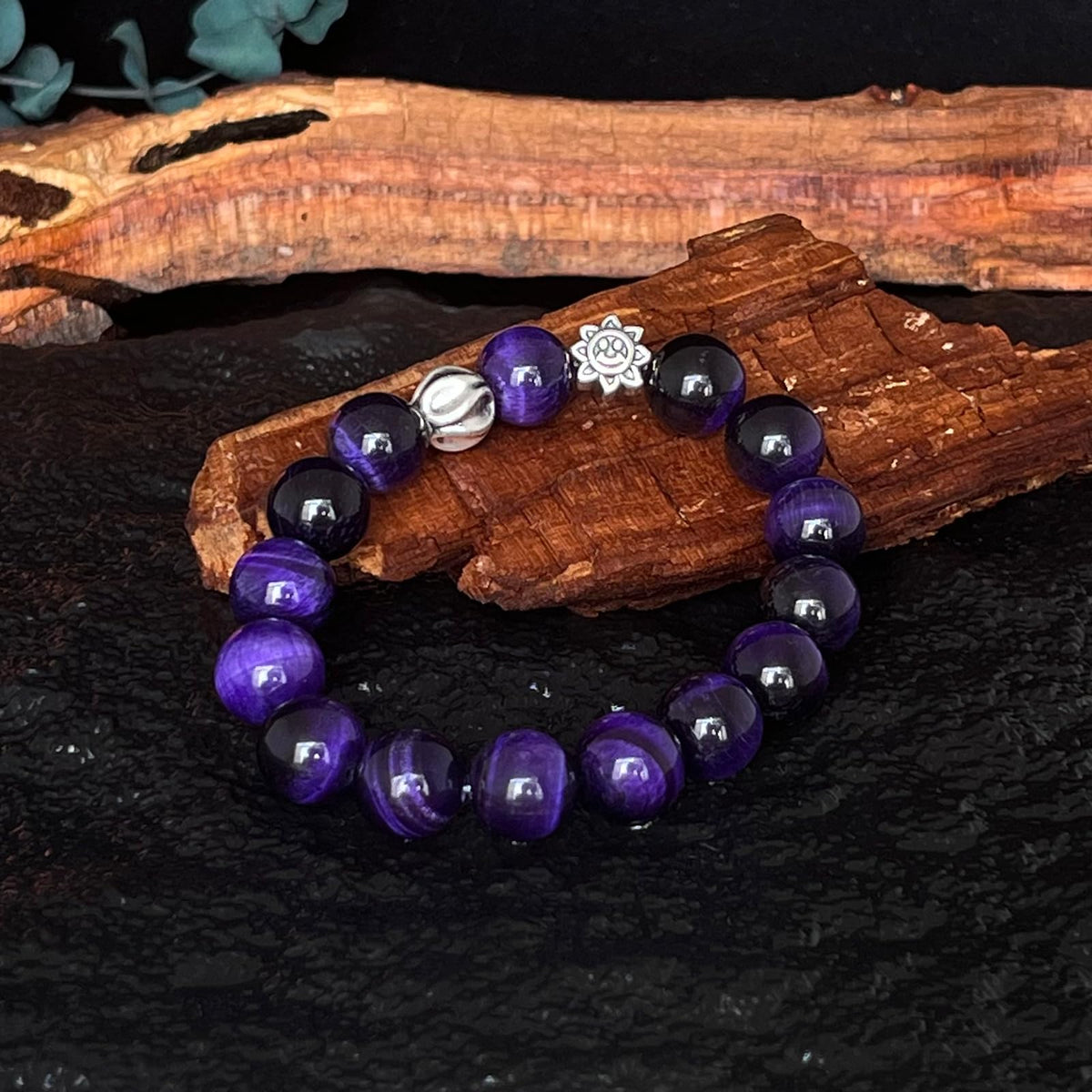 Natural obsidian bracelet (Purple Tiger Eye + 925 Silver(12mm)-1 Pcs)