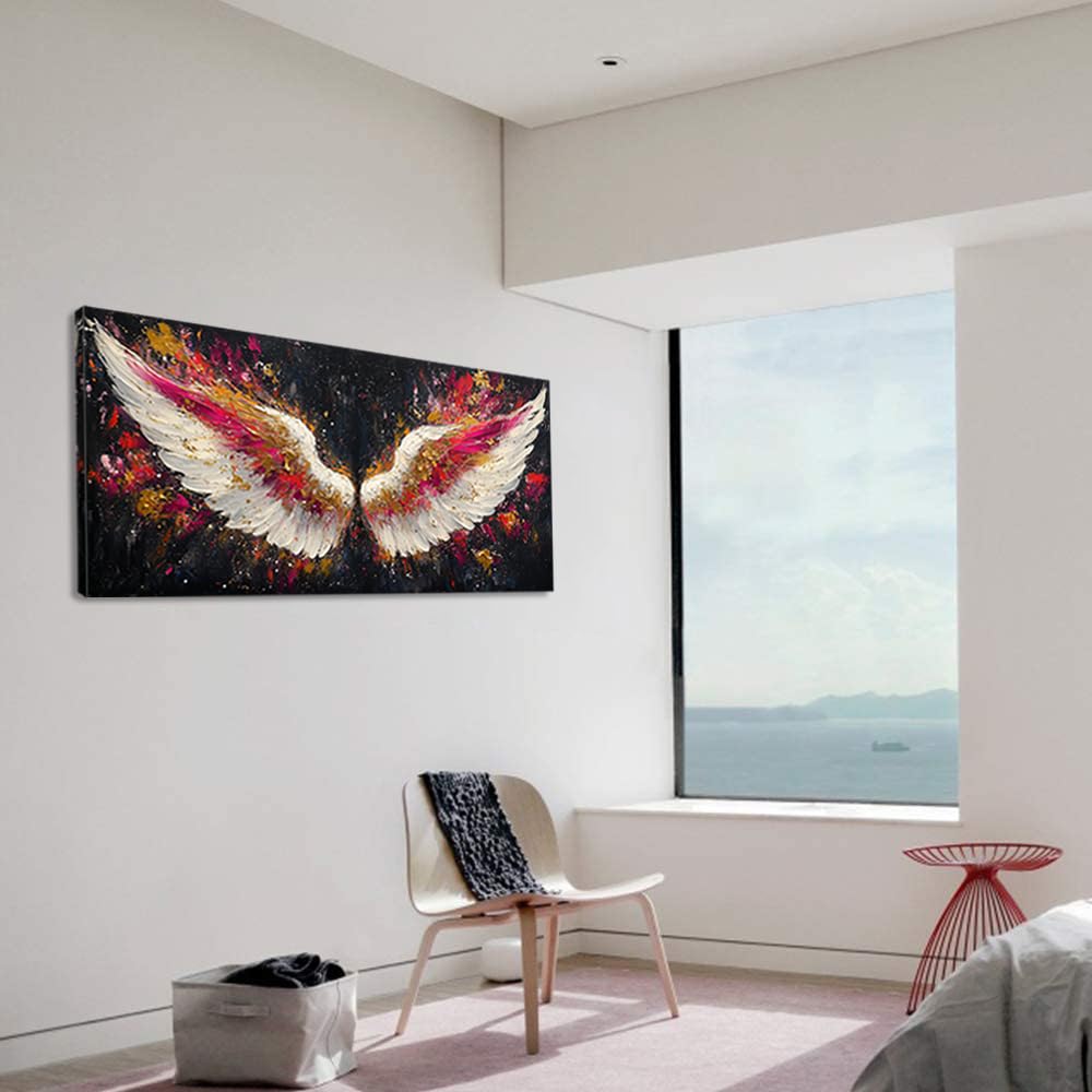 Multicolor Angel Wings Wall Art for Living Room Office Divine Inspiration Splatter Paint Art Painting Prints Contemporary Canvas Artwork Dining Bedroom Decor Extra Large (Contemporary / White Gold Red Angel Wings Wall Art / 58L" x 28W")
