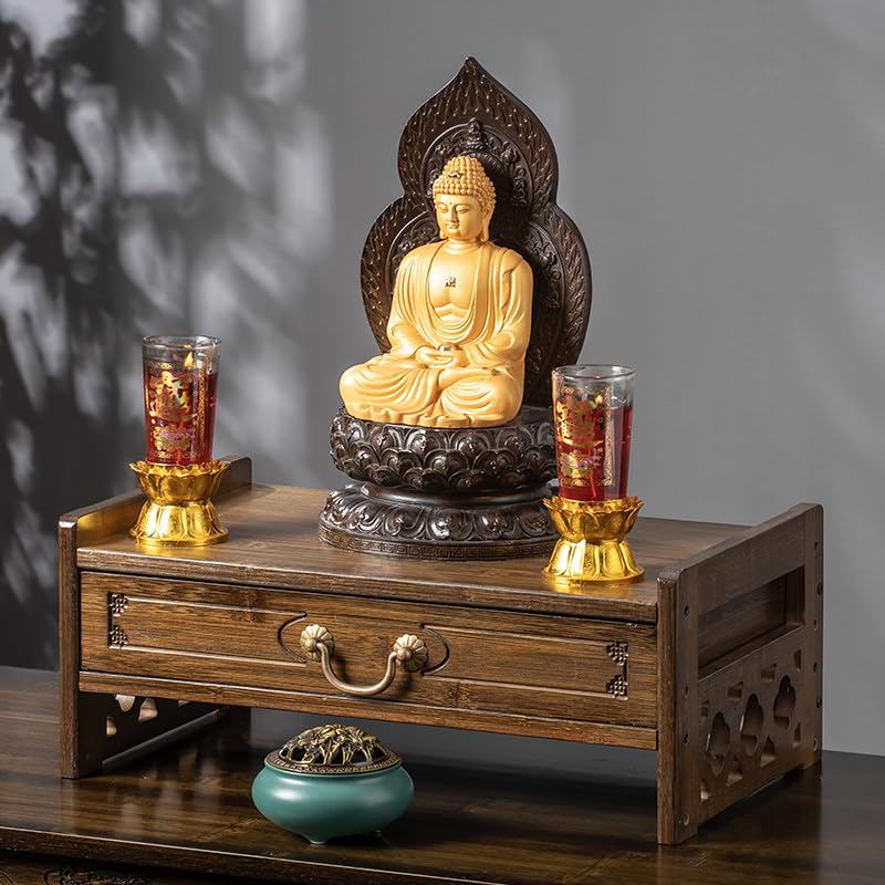 Altar Table with Storage & Drawer Small Meditation Table & Puja Table (Brown-42cm/16.5'')