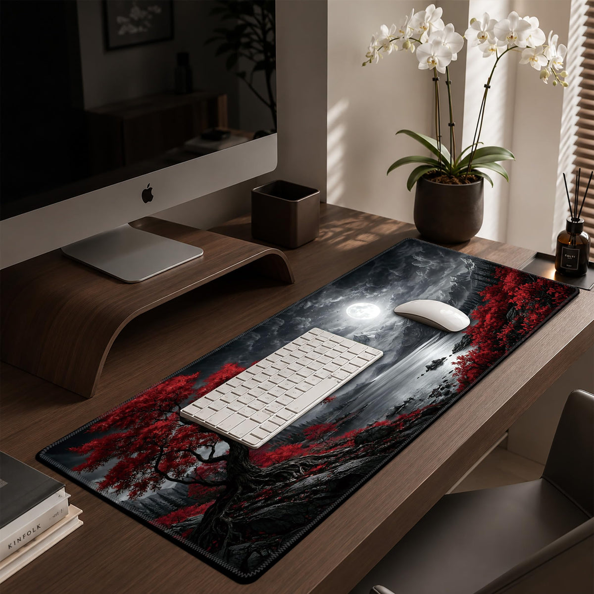 Red Tree Mountains Large Gaming Mouse Pad Desk Mat Extended Mousepad (Red maple tree at night / 35.4L x 15.7W inches)