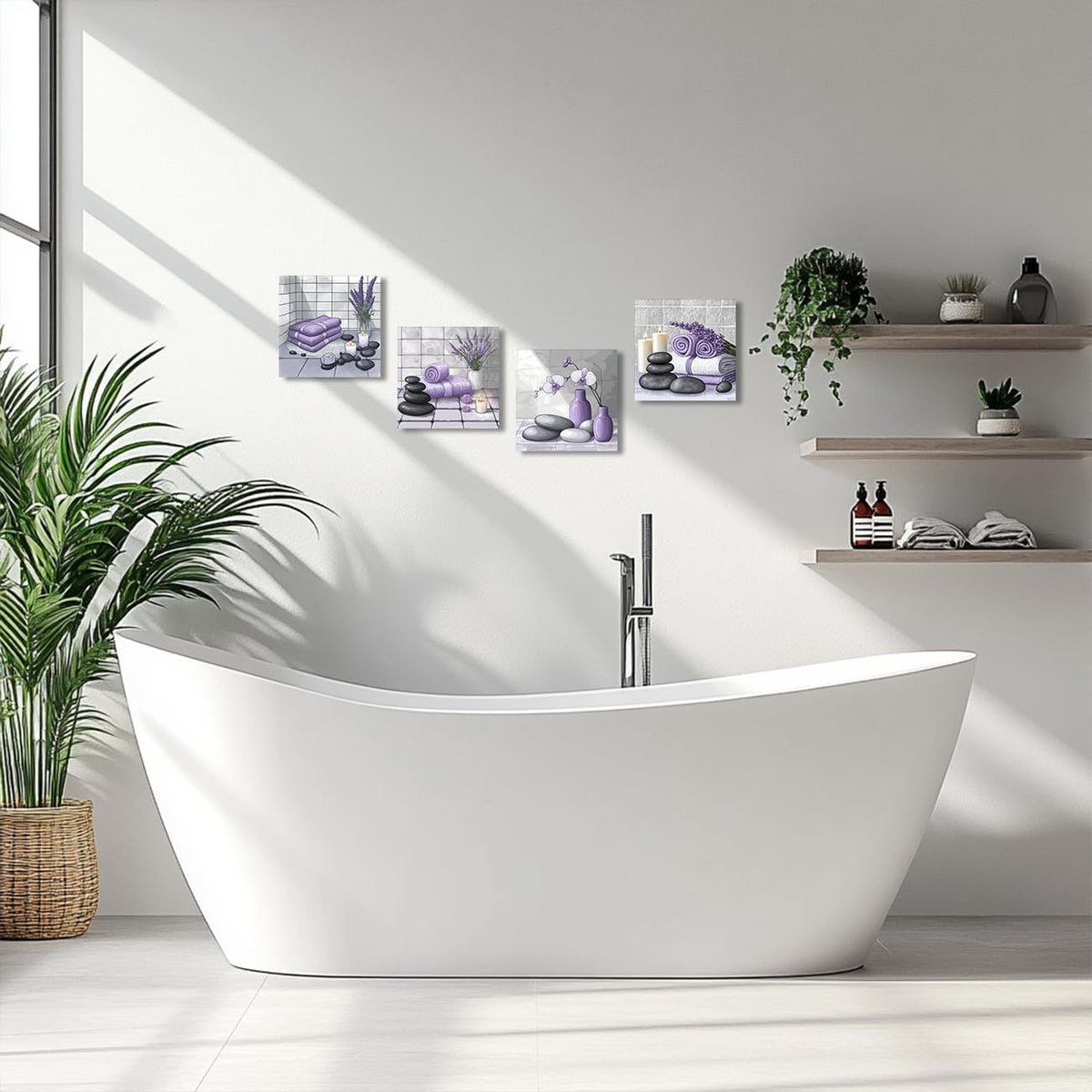 Zen Wall Art for Bathroom Decor Zen Stone & Orchid Still Life Pictures Bath Canvas Prints Zen Meditation Room Spa Wall Decor (20.00" x 20.00" x 4 / Purple)