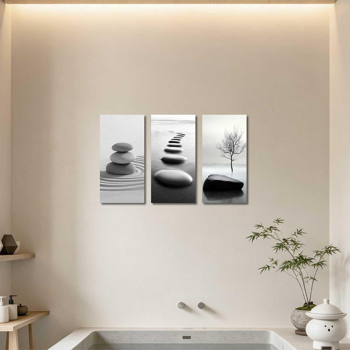Set of 3 Black White Zen Bathroom Canvas Wall Art Prints Zen Stones in the Water Pictures White Lotus Poster Yoga Meditation Artwork Spa Room Decor (Beige / 24x12inx3 Pieces)