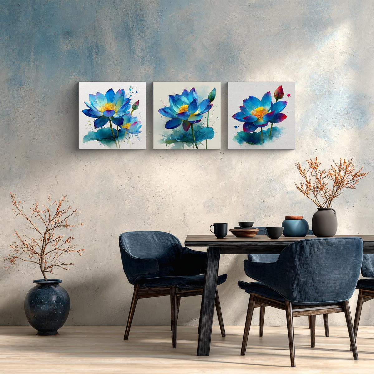 3Pcs Blue Lotus Watercolor Canvas Wall Art Print Blooming Flower Yellow Center Teal Purple Petals Botanical Floral Pictures for Bedroom Bathroom Living Room Decor Zen Artwork Ready to Hang (Blue Lotus / 20x20inchx3)