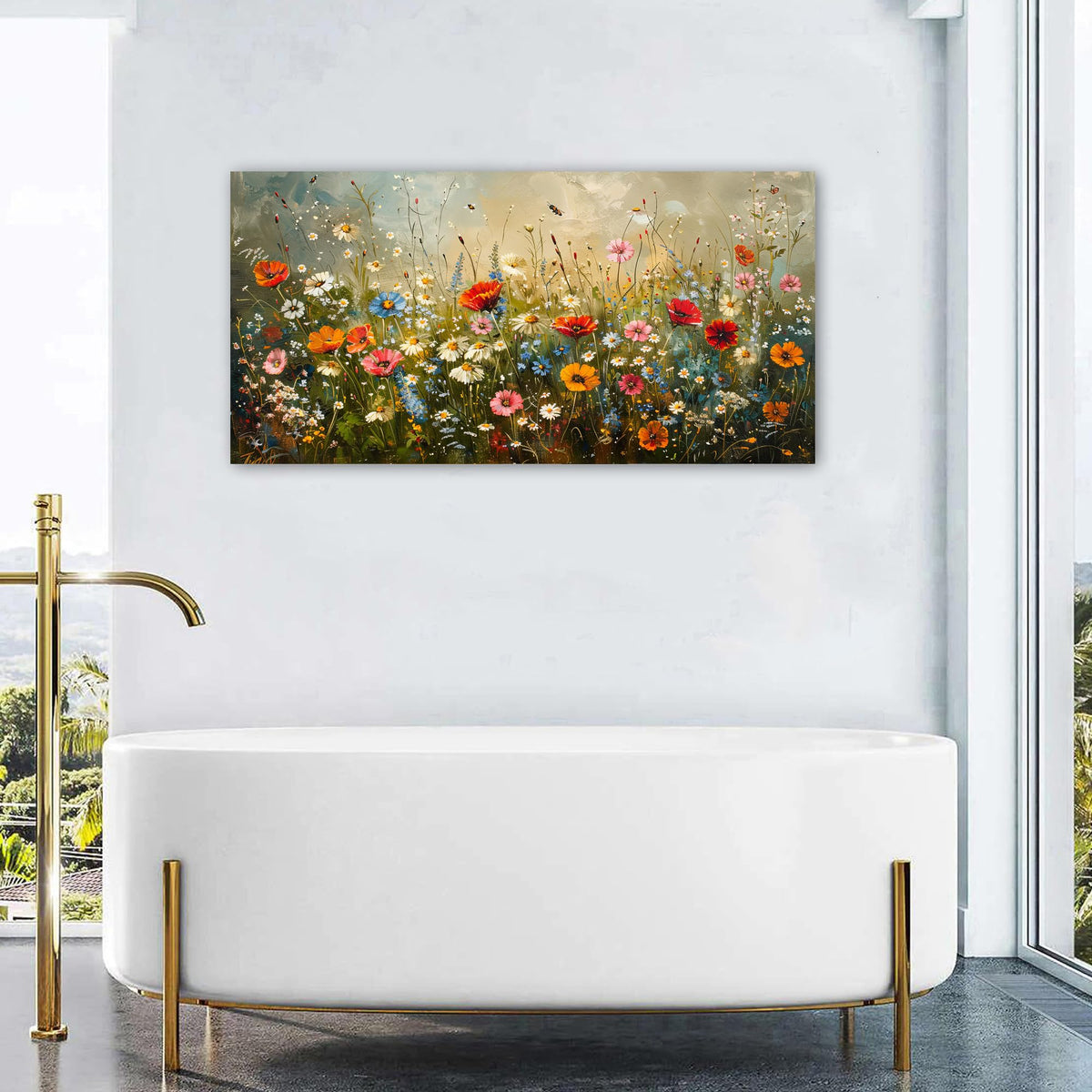 Colorful Floral Wall Art French Living Room Rustic Red White Poppy Flowers Wall Decor Watercolor Daisy Canvas Print Wildflower Painting Abstract Artwork for Bathroom Bedroom Home Decorations 24x48" (48"L x 24"W / Wildflowers)