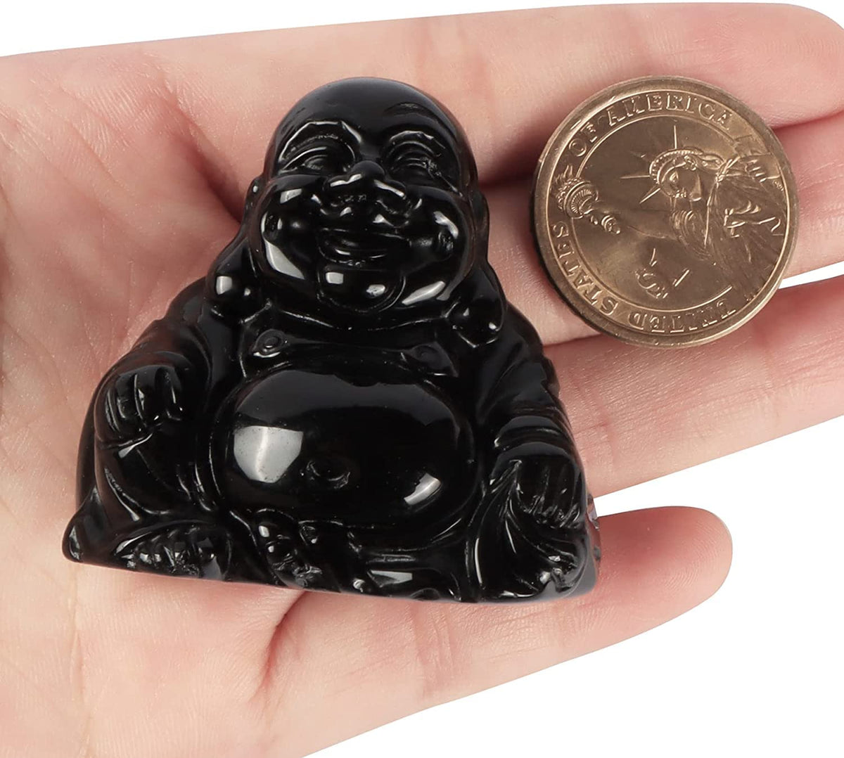 2 Inch Crystal Happy Buddha Statue Hand Carved Laughing Feng Shui Figurines for Good Luck Wealth Happiness Home Decor Gifts (2 inch / Black Obsidian)