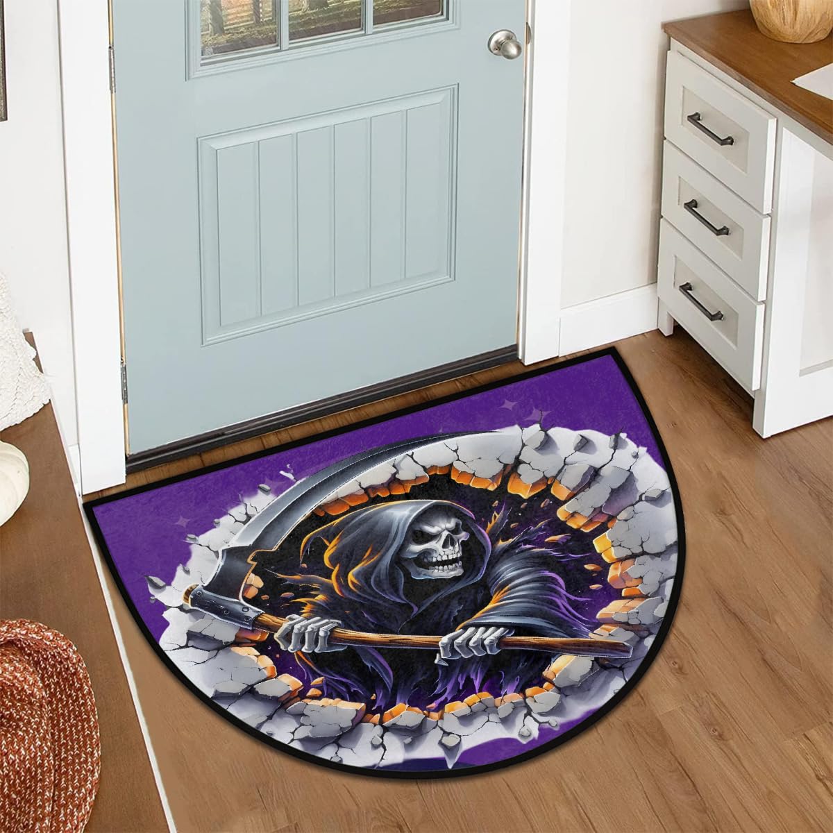 Half Round Door Mat Halloween Purple Skull Scythe Non (F 05)