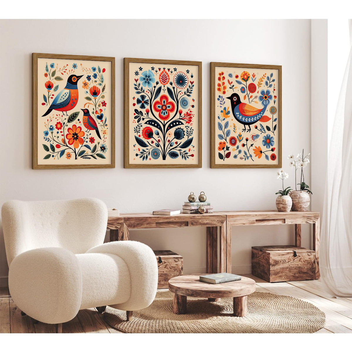 Scandinavian Folk Wall Art Nodic Flower Canvas Wall Decor Norwegian Wall Art Poster Swedish Antique Wall Decor Pictures Floral Bird Prints Vintage Poster for Home Kitchen 12x16x3 Inch Framed (Framed / Colorful Flower Prints Art / 16"L x 12"W)