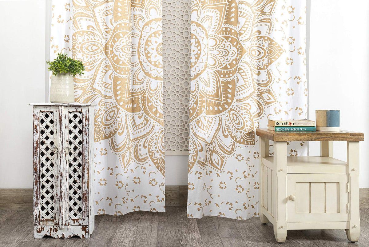 Indian Hippie Bohemian Beautiful Passion Ombre Color Mandala Curtain Panels White Gold (25"W x 74"L (Pack of 2) / Gold)