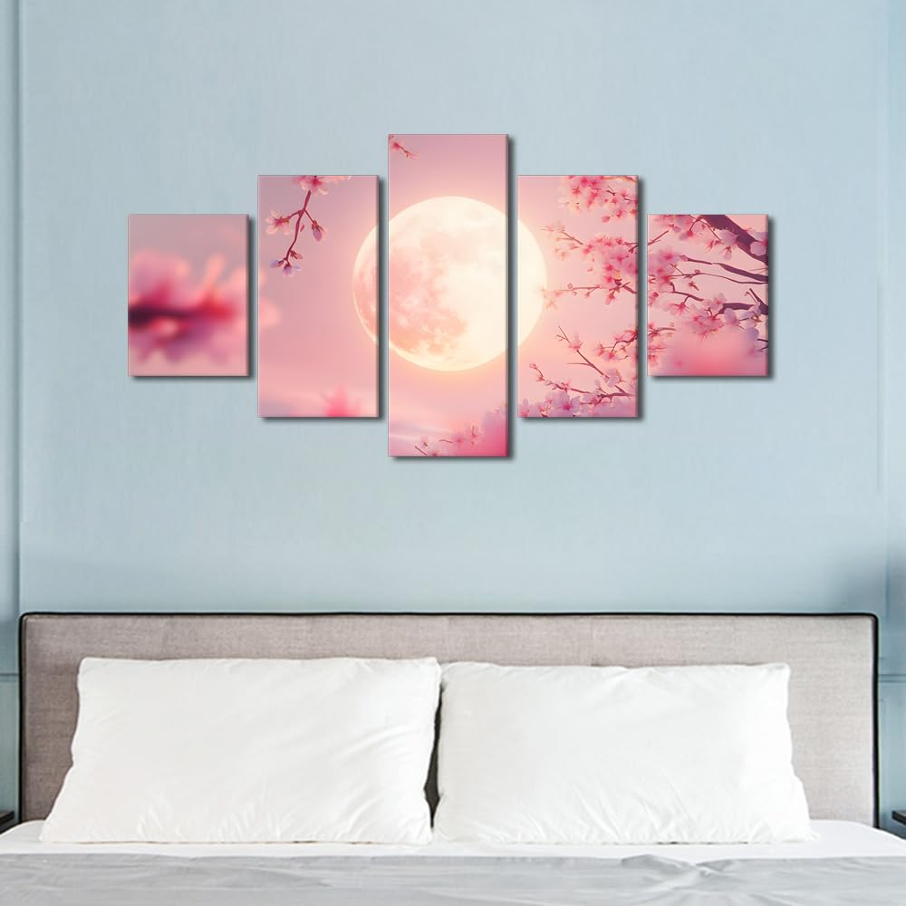 Wall Art Canvas Print Celestial Sakura Dance Framed Artwork Moonlit Blossom Painting Asian Inspired Decor Living Room Wall Display Ethereal Spring Night Ready To Hang 60" Wx32 H (60''Wx32''H / Artwork-15)