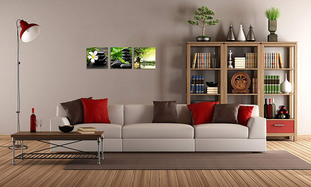 3 Panel Zen Canvas Wall Art Still Life SPA Stone Green Bamboo White Frangipani Flower Pictures Prints on Canvas for Home Office Kitchen Wall Decor Stretched and Framed Each Panel 12x12inch (12x12inchx3 / Still Life Spa Stone)