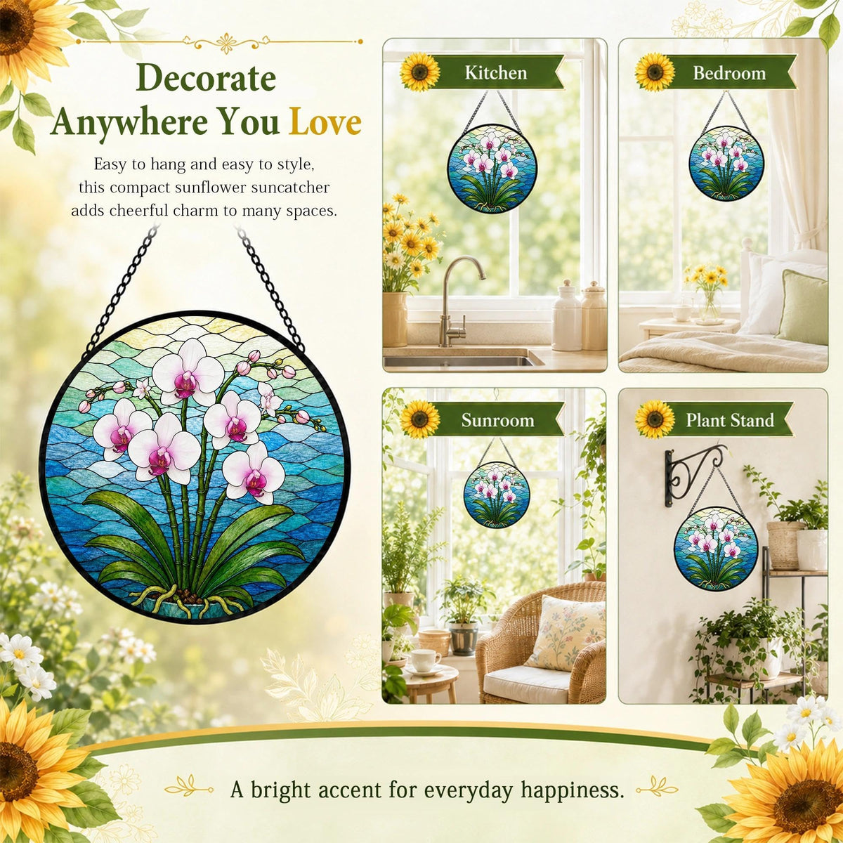 Orchid Suncatcher Stained Glass Window Hanging Orchid Gifts for Women Christmas White Orchid Decor Elegant Floral Sun Catcher Home 6.3 in (Orchid / 6.3 x 6.3 IN)