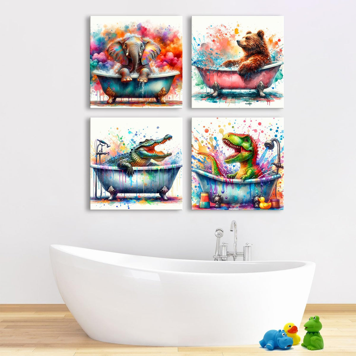 Funny Animal Bathroom Wall Art Colorful Elephant Bear Canvas Pictures Nursery Bathroom Wall Decor Creative Dinosaur Crocodile Baby Animals in Bathtub Posters 20x20" 4P (20"L x 20"W / Wildlife)