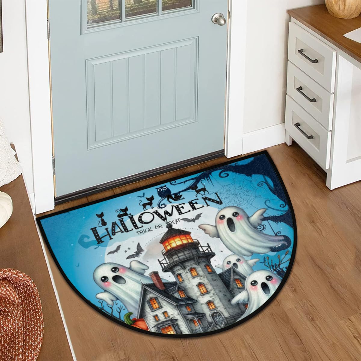 Ghosts Castle Half Round Door Mat Indoor Entrance Semi Circle Area Rugs (Z Halloween Horrible Pumpkin)
