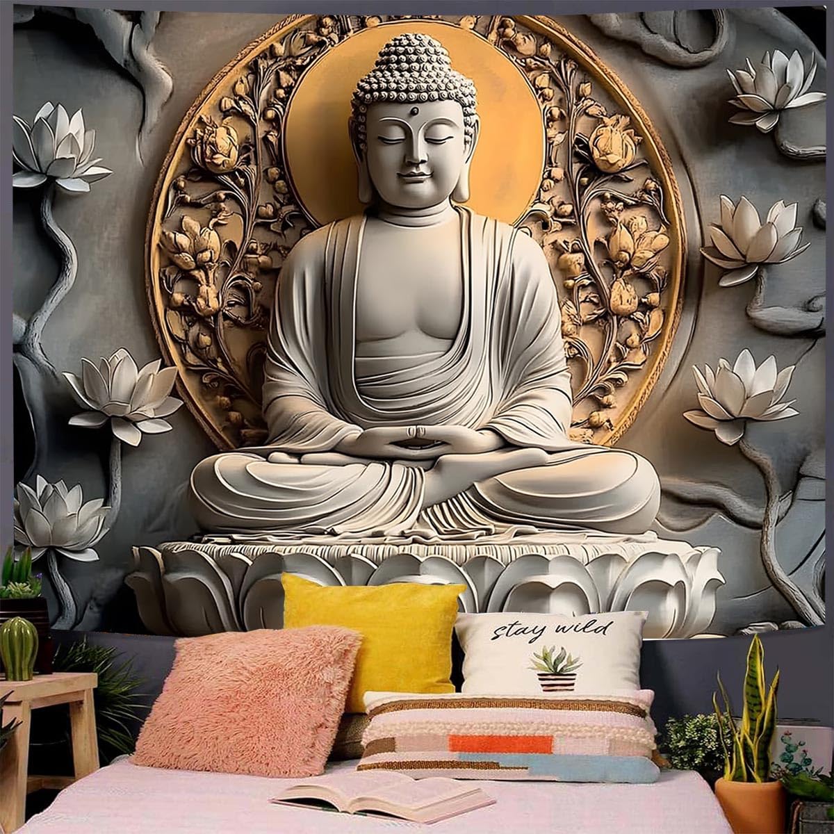Vintage Sitting Buddha Tapestry Wall Hanging Buddhist Statue Tapestries Lotus Meditation Wall Decor Psychedelic Indian Zen Art for Bedroom Living Room Home Decor (Orange / 59"L x 39"W)