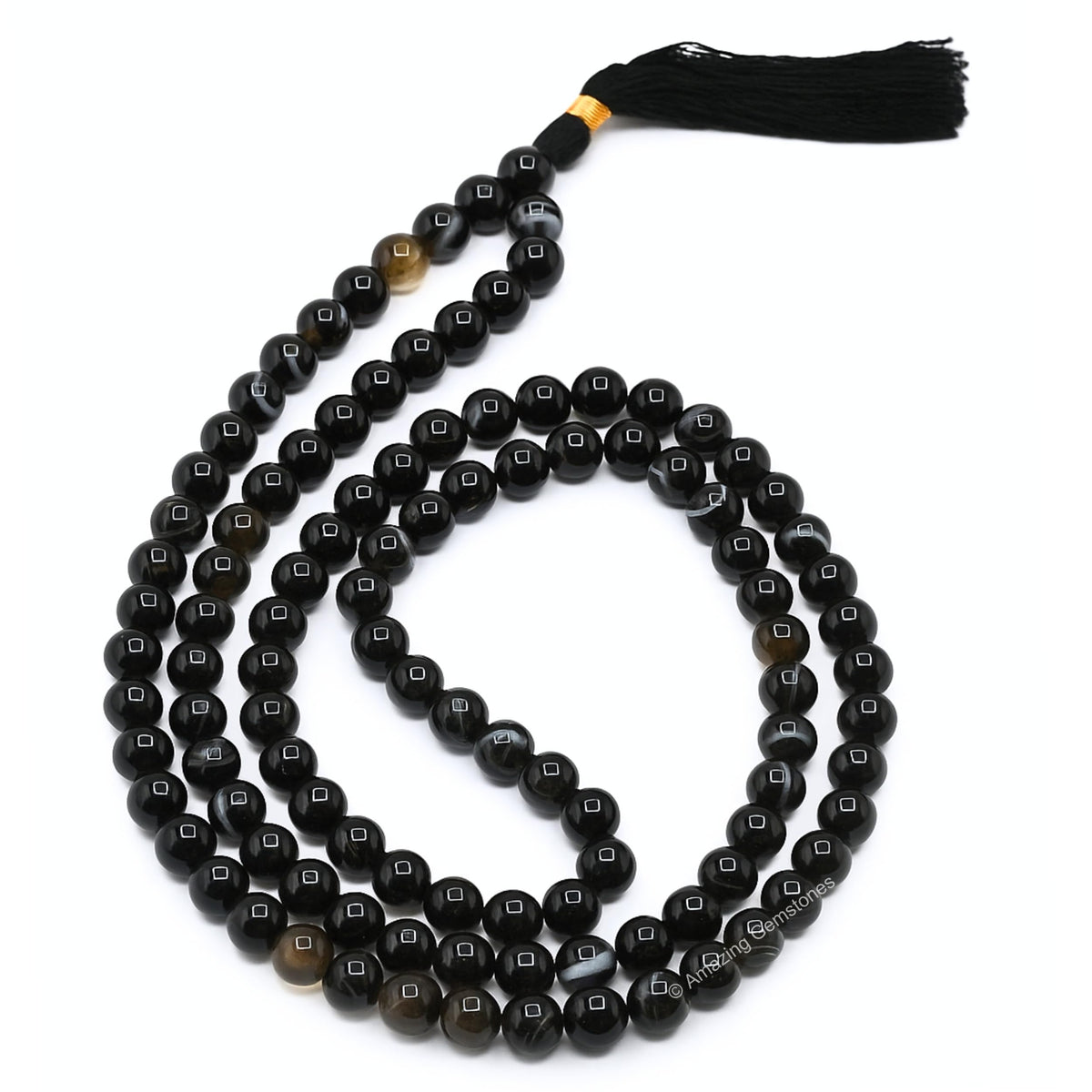 Black Banded Agate Sulemani Hakik Stone Buddhist Prayer Beads Japa Mala with 108 Meditation Beads (Without Knots / Black Banded Agate)