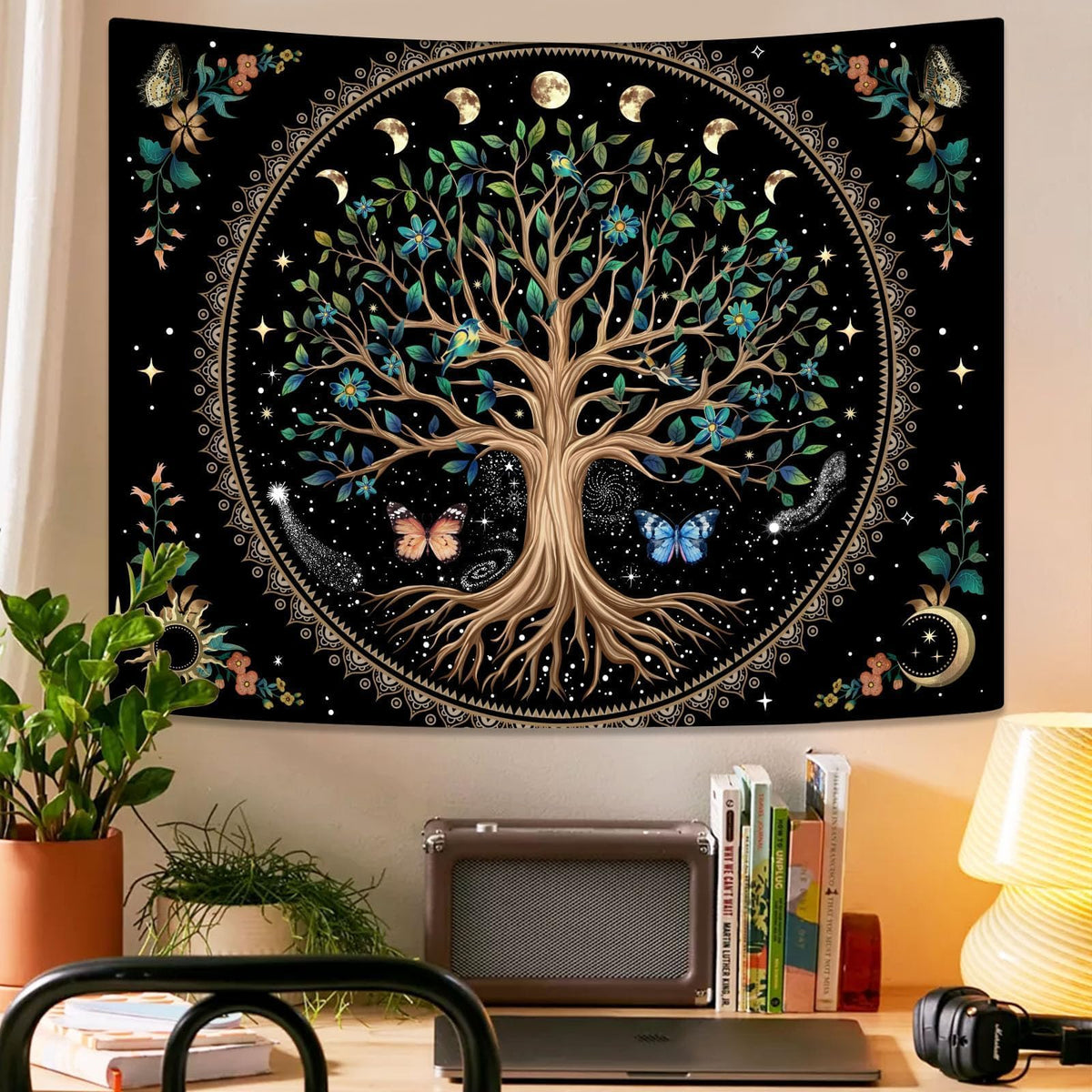 Tree of Life Tapastry Sun and Moon Tapastry Flower Boho Tree Mandala Wall Hanging for Bedroom and Living Room Decor Green Tree 70×90 Inches (90"L x 70"W / Light Green)