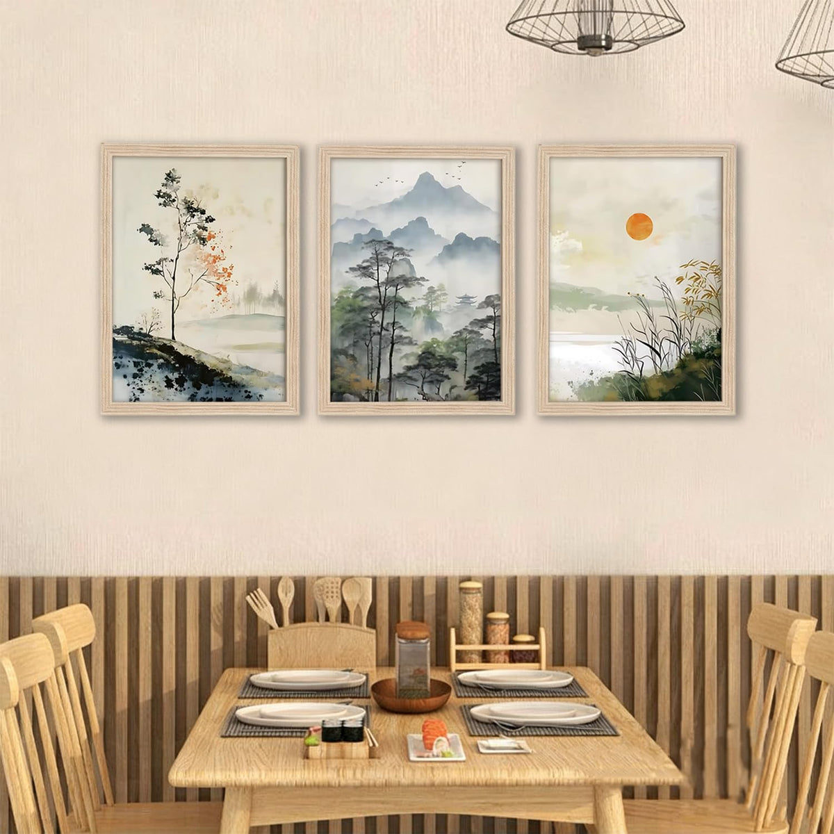 Framed 3Pcs Japanese Landscape Canvas Wall Art (white japanese style / 16"L x 12"W)