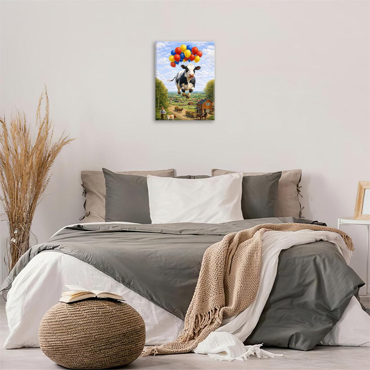 Farmhouse Dairy Cow Wall Art Funny Cow Wall Decor Farm Painting Balloon Canvas Pictures for Kitchen Dining Room Living Room 16"x20" (Balloon Cow / 20"L x 16"W)