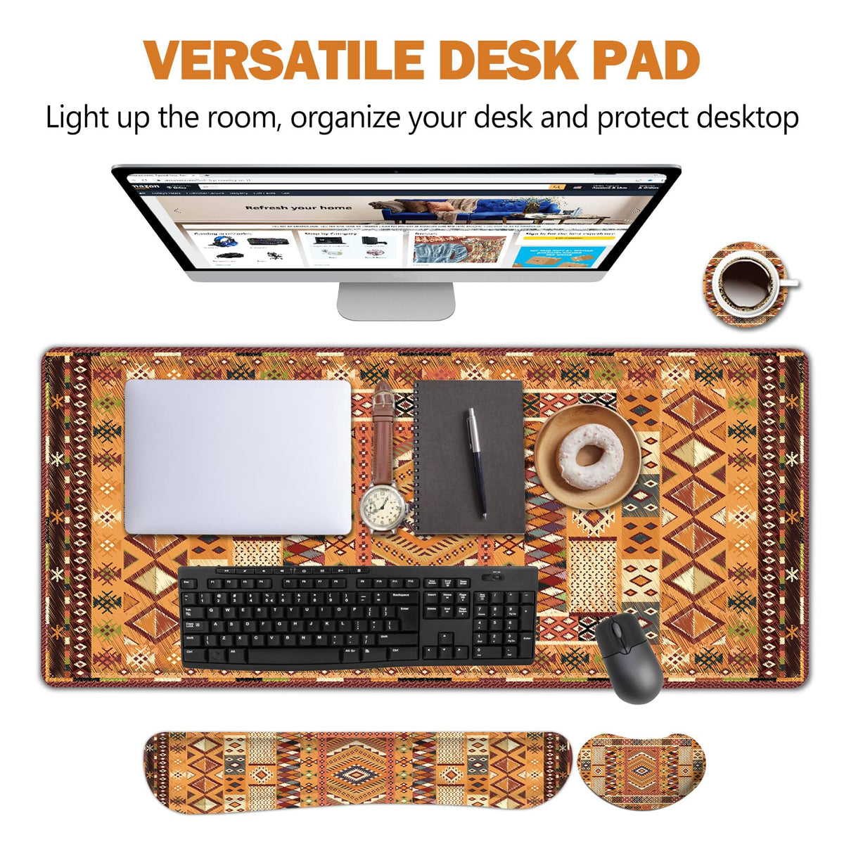 Desk Mat Set Large Mouse Pad + Mouse Wrist Rest + Keyboard Wrist Support + Coaster (Bohemian Orange)