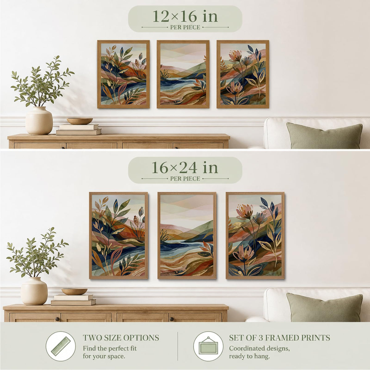 Abstract Landscape Framed Wall Art Set of 3 (Boho mountain floral / 24"L x 16"W)