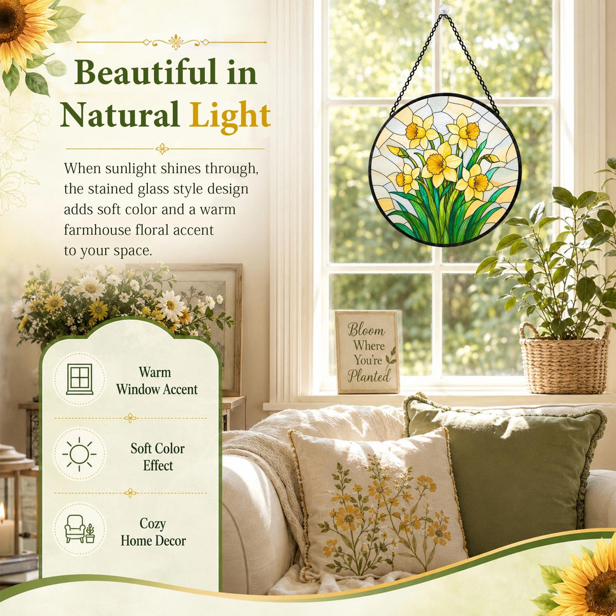 Daffodil Gifts for Women Suncatcher Stained Glass Window Hanging (Daffodil / 7.8 x 7.8 IN)