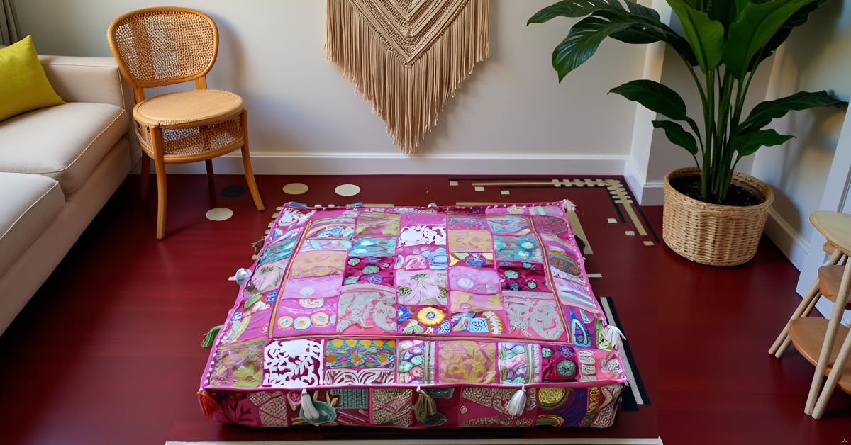 Indian Square Patchwork Traditional Pouf Cover Indian Living Room Poufs Decorative Embroidered Designer Ottoman Home Living Footstool Chair Cover Decor Pillow Cover 35 inches (35"D x 35"W x 5"H / Baby Pink)