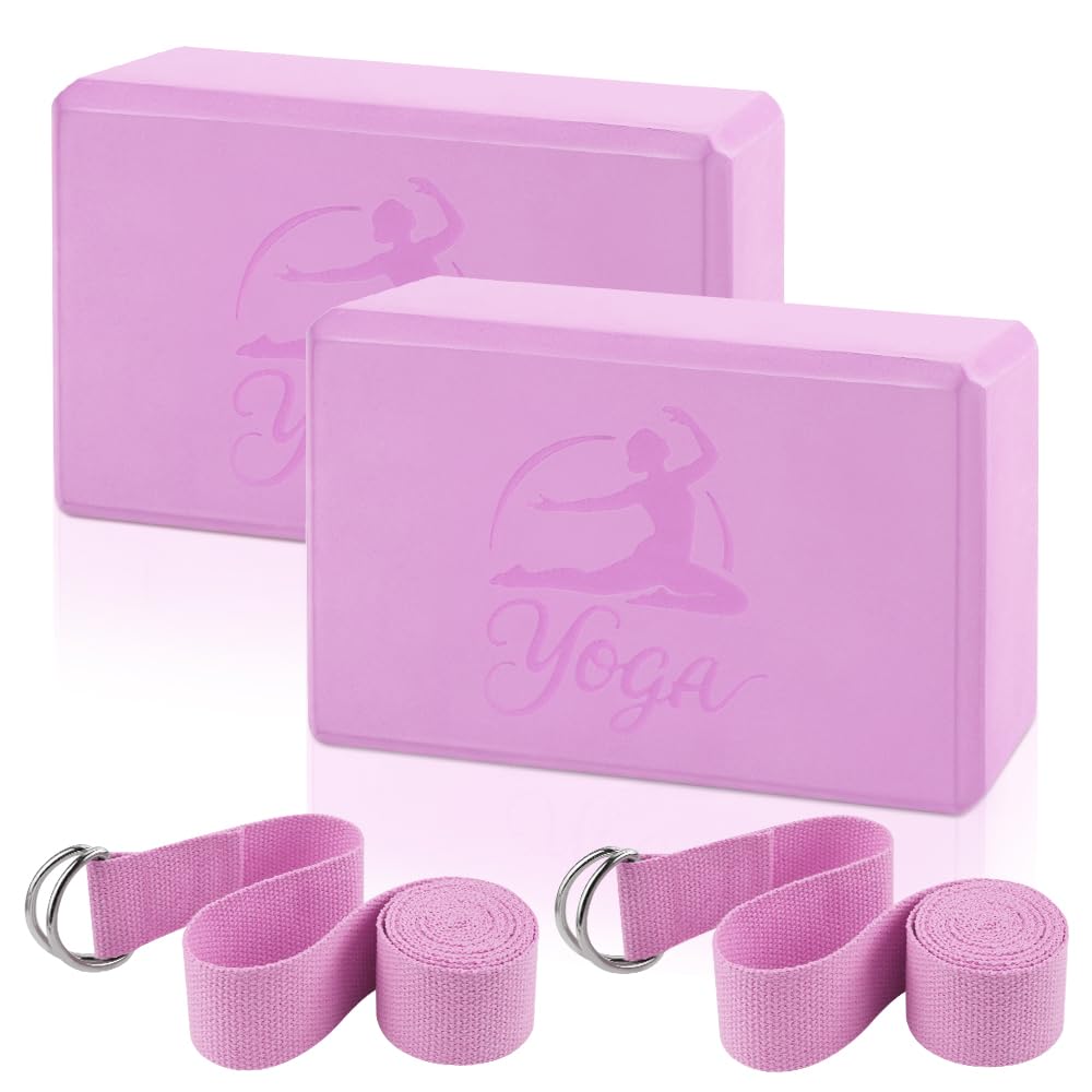 2 Yoga Block and 2 Yoga Strap Set (Pink B / 9×6×3")