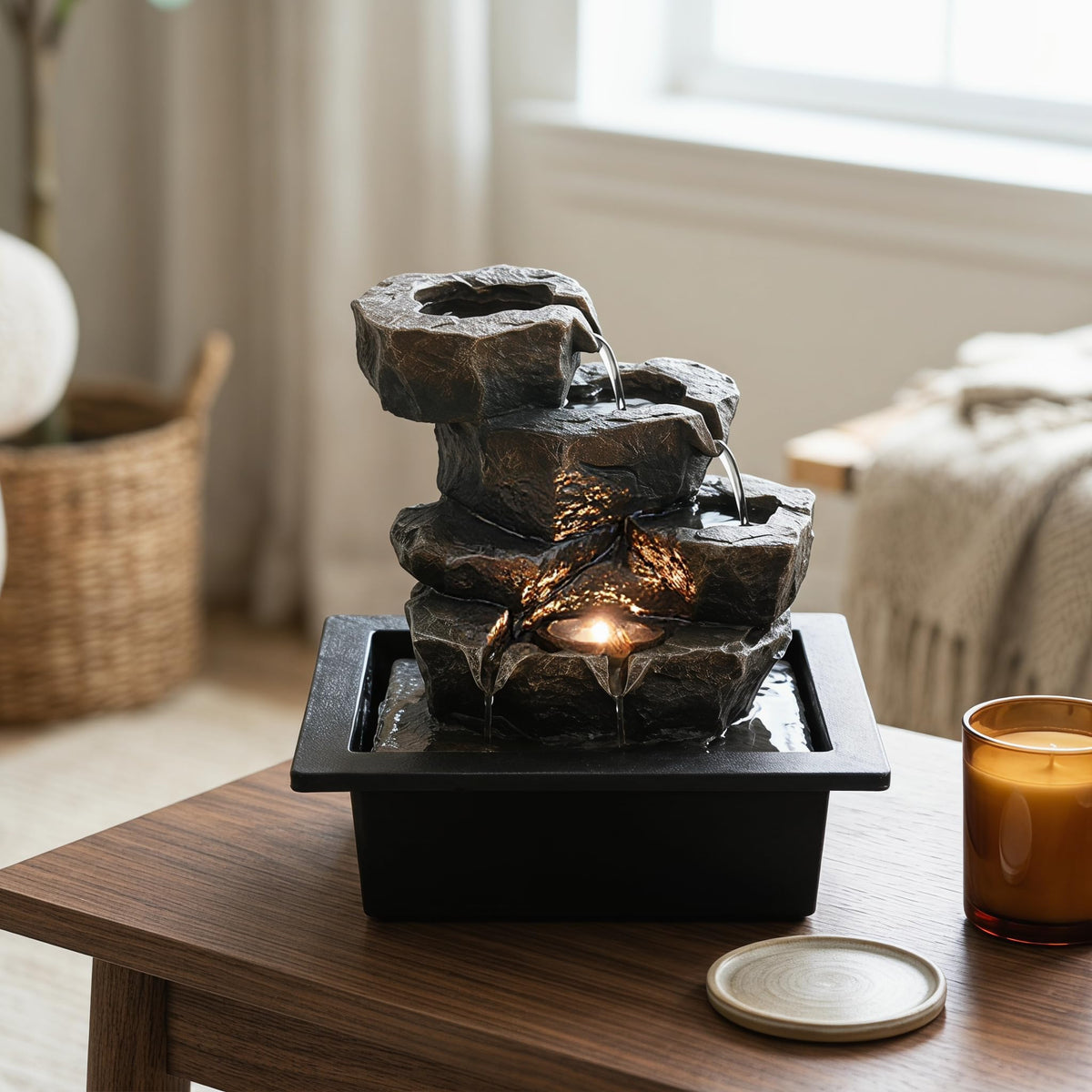 Indoor Tabletop Rock Waterfall Fountain with Warm Light & Stacked Stone for Home Office Desk Decor (Style 6)