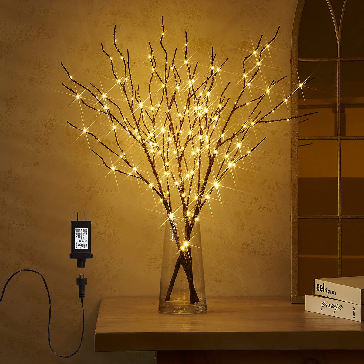 Lighted Branch Plug in with Timer Willow Branches with Fairy Lights for Vase Twig 32IN 150 LED Outdoor and Indoor Holiday Party Decor (150led-brown-plug-in / 32in-1 set)