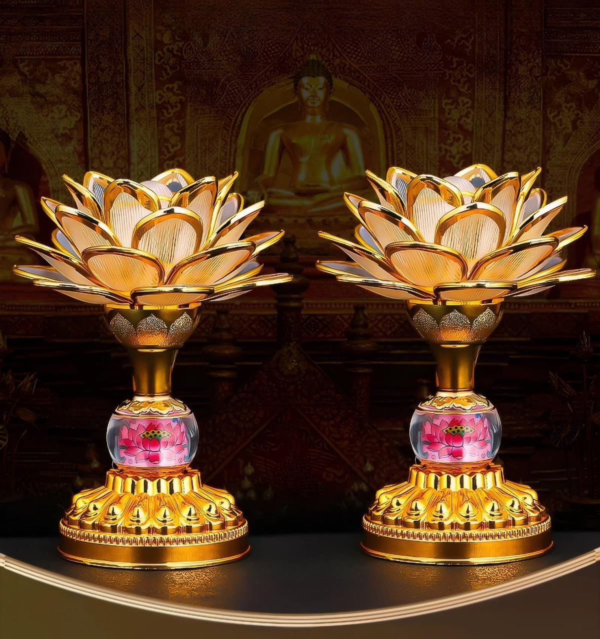 2 Pack Colorful LED Lotus Buddhist Lamp (Champagne Gold)