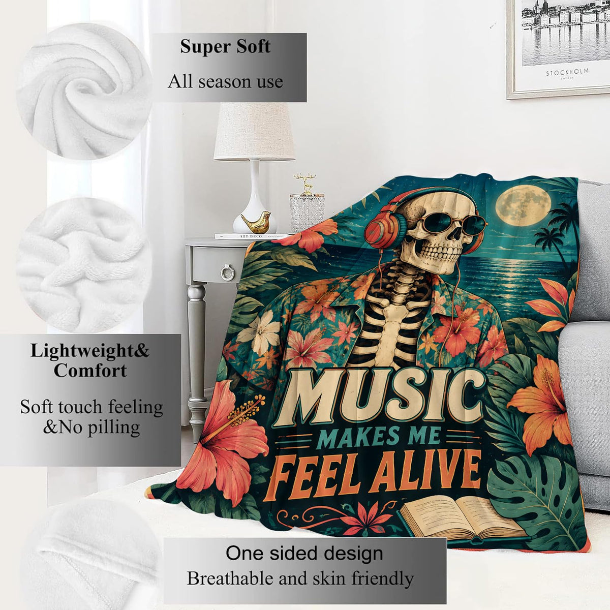 Music Skeleton Flannel Blanket (Music Skeleton / 50x60 inch)