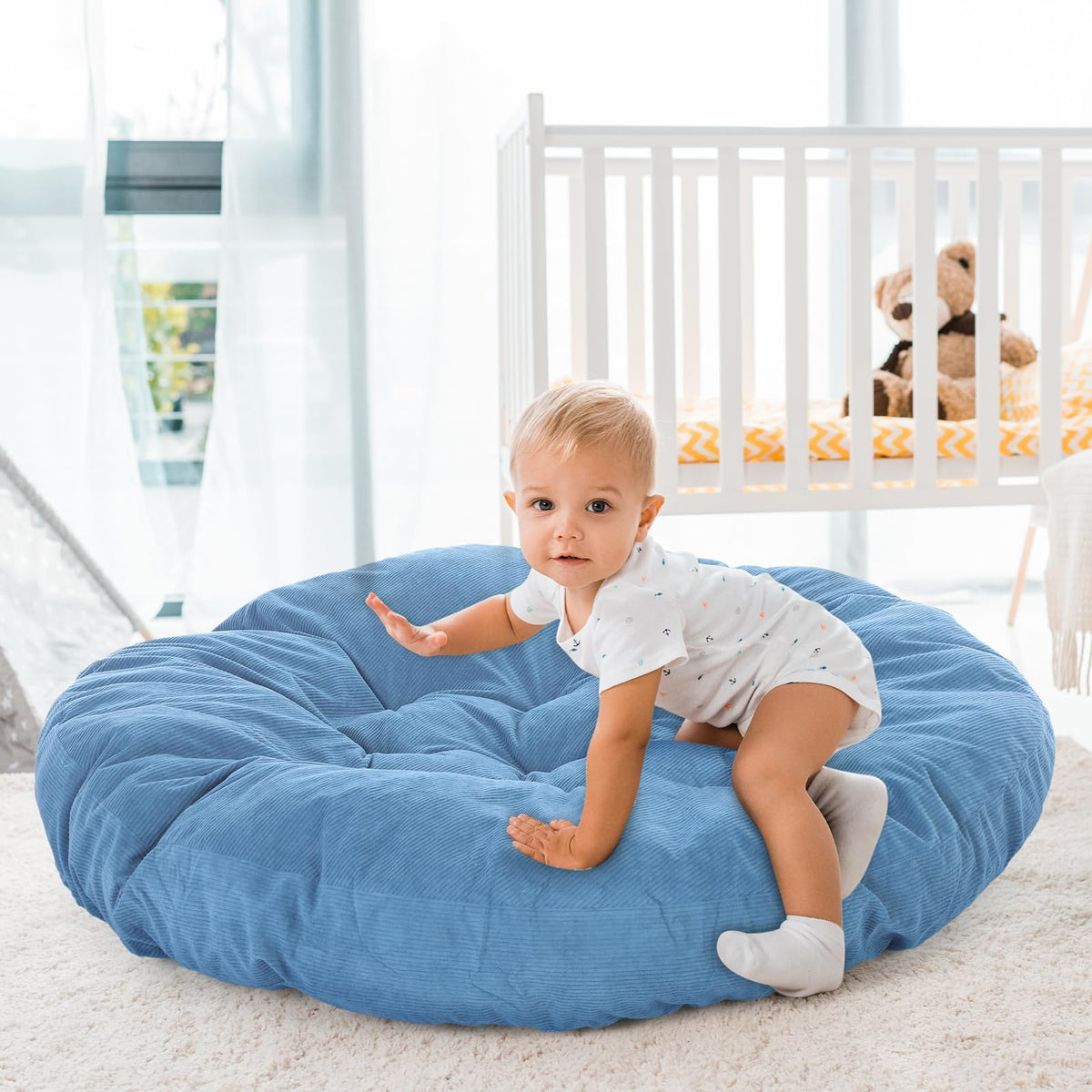 Extra Large Floor Cushion Seating Round Floor Pillow Papasan Swing Cushion for Adults Oversized Playroom Pillows Reading Nook Big Pillow for Sitting Yoga Living Room Sofa (Lake Blue / Classic)