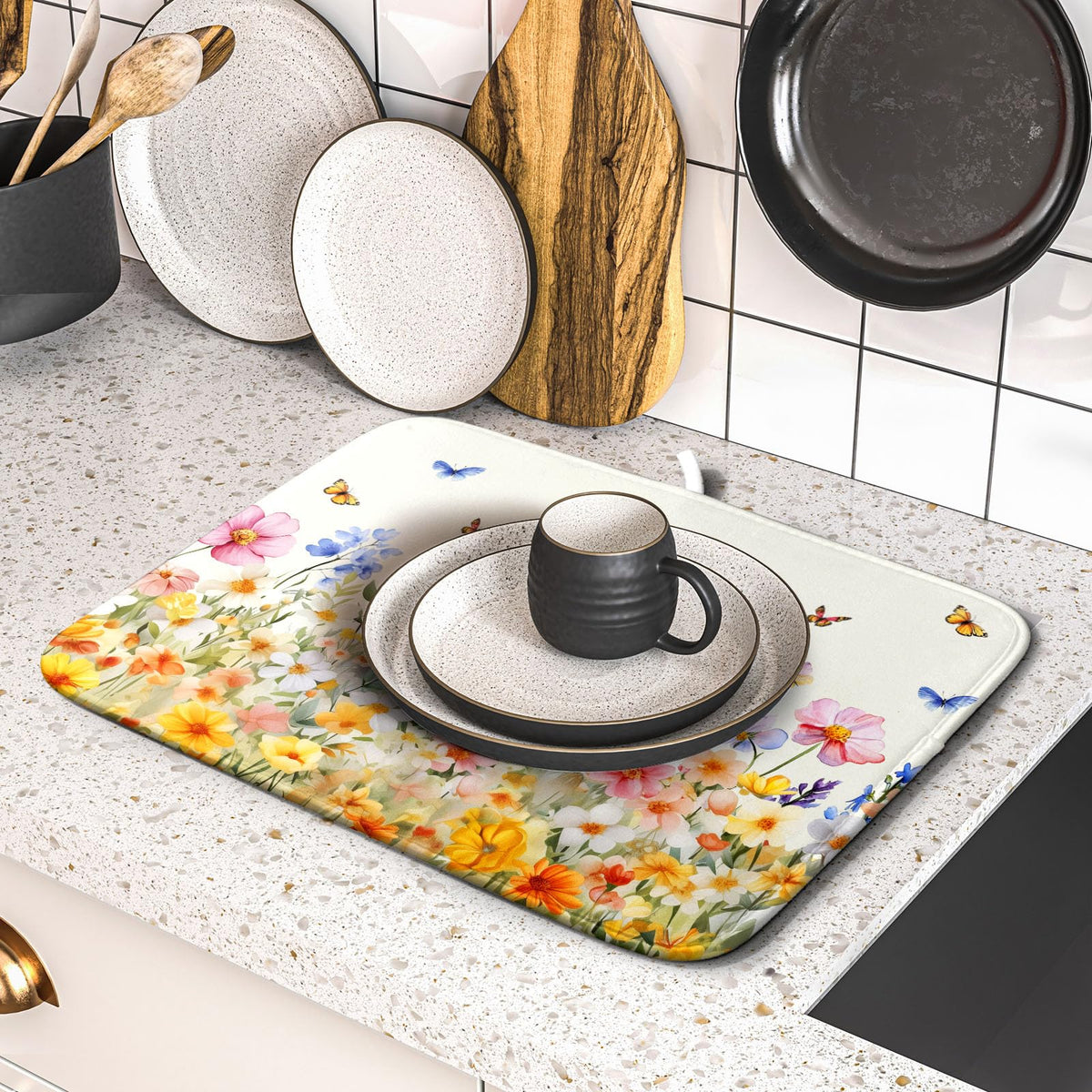 Spring Easter Rabbit Dish Drying Mat for Kitchen Counter (Rabbit / 16" x 18")