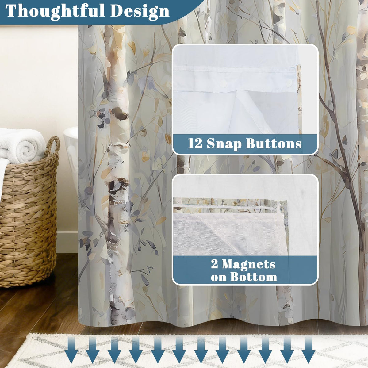 Watercolor Birch Tree Shower Curtain with Snap in Liner (Forest Tree)
