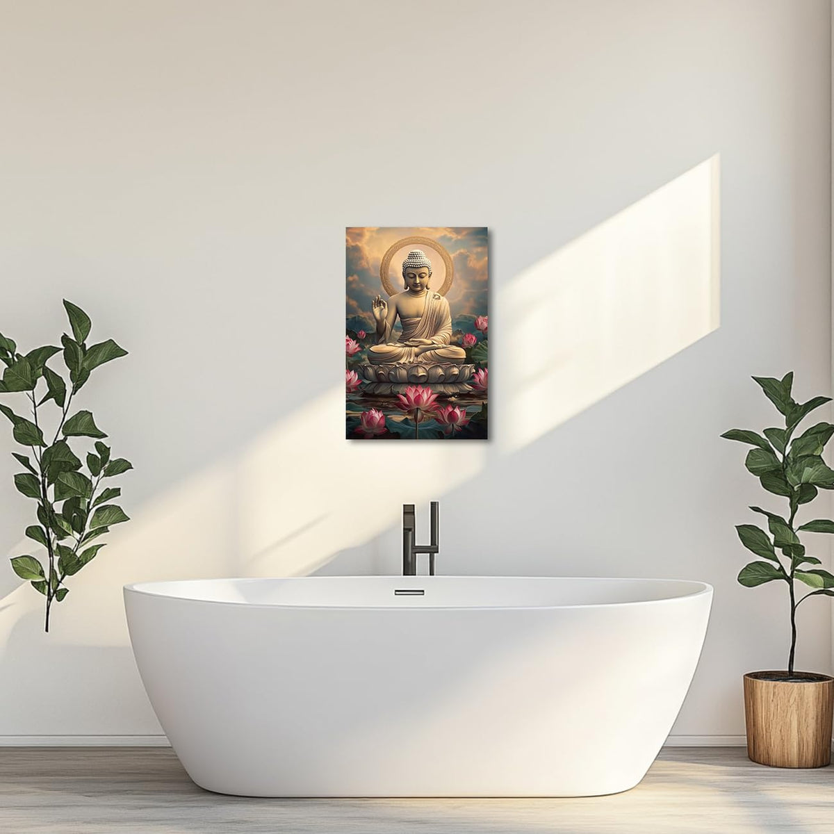 Buddha Canvas Wall Art Zen Picture Lotus Flower Painting Buddha Statue Prints Pink Floral Artwork Meditation Buddhist Artwork Prayer Room Decor Frame (Beige / 30L" x 20W")