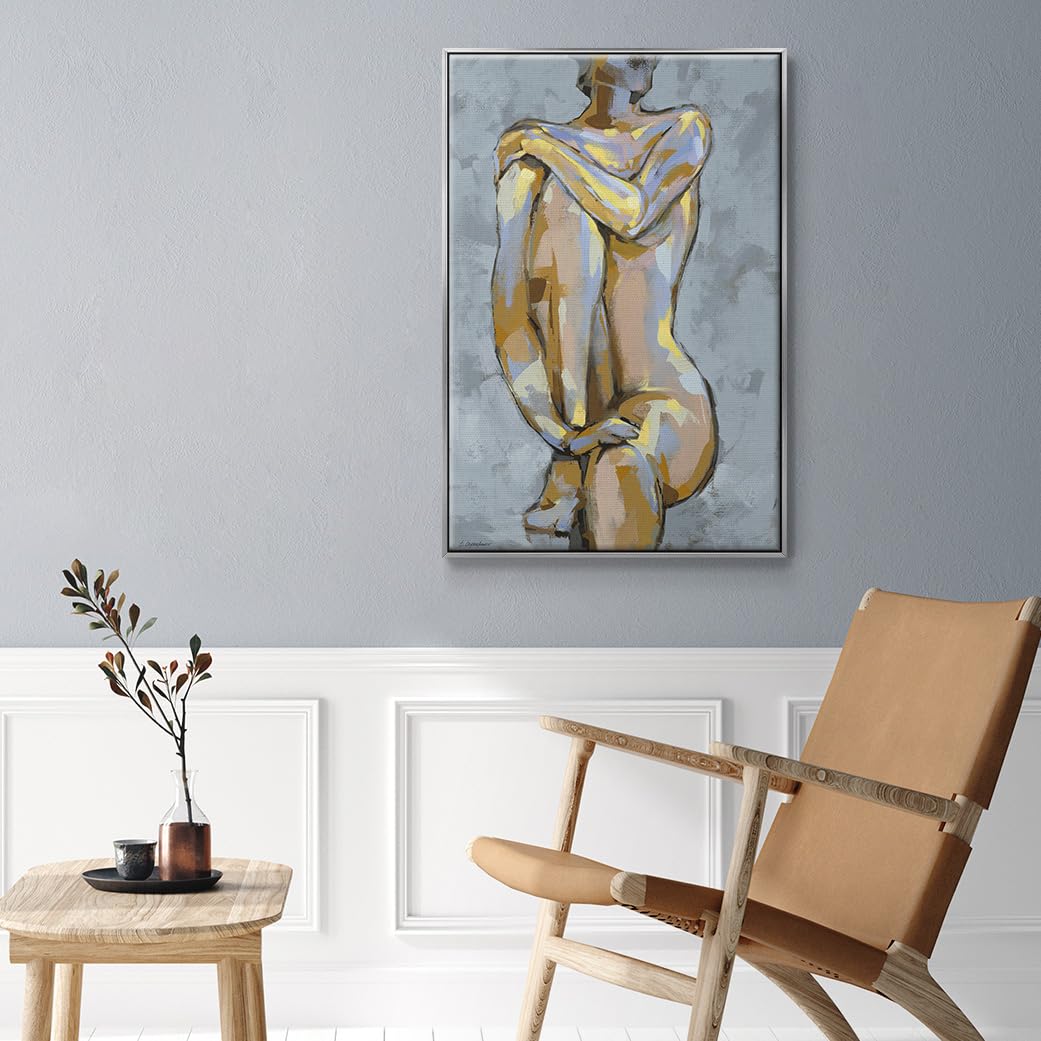 Canvas Glam Wall Art Modern Home Prints Elegant Lady Posing Portrait Abstract Silver Floater Framed Paintings for Bedroom Office Kitchen (25"L x 17"W / Grey Maiden I)