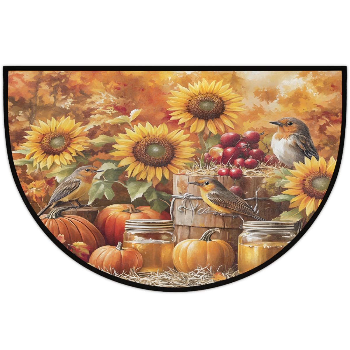 Half Round Door Mat Autumn Pumpkin Sunflower Bird Non (E 01)