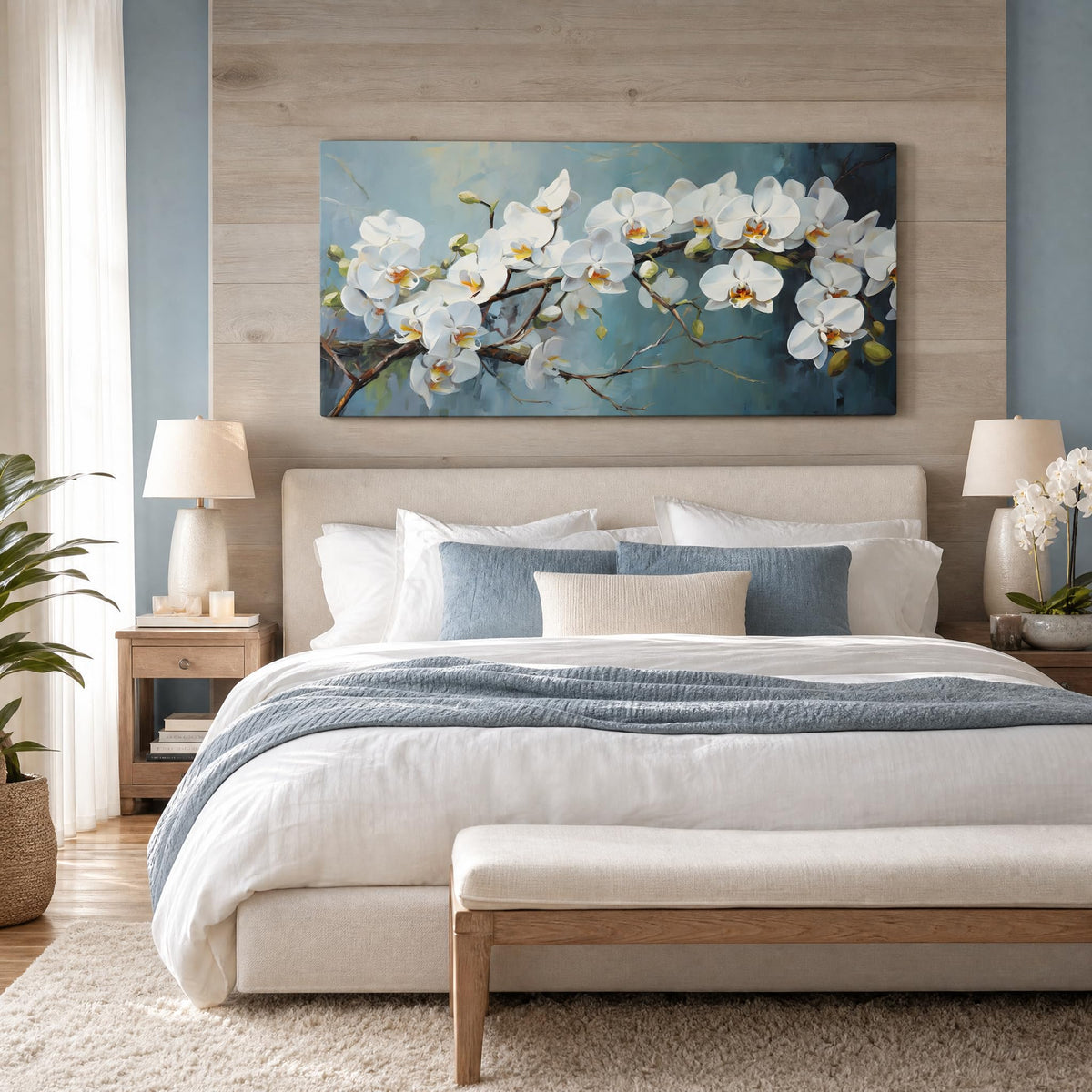 White Orchid Canvas Wall Art Floral Branch Painting Light Blue Background Flat Print Gallery Wrapped Botanical Artwork for Living Room Bedroom Bathroom Decor (Mysterious / White Orchid Blossom 30 / 40"L x 20"W)