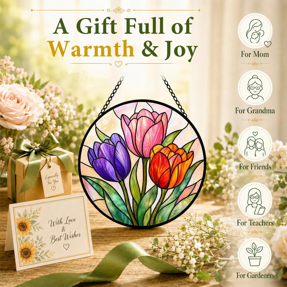 Tulip Gifts for Mom Grandma Suncatcher Stained Glass Window Hanging 6.3in (Tulip / 6.3 x 6.3 IN)