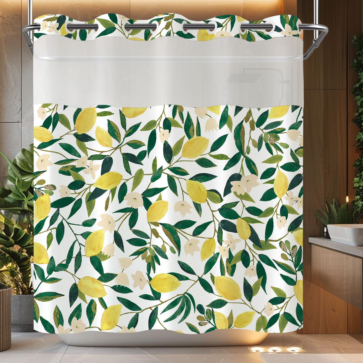 No Hook Shower Curtain with Snap in Liner (Hookless Lemon / 72"W x 74"L (Pack of 1))