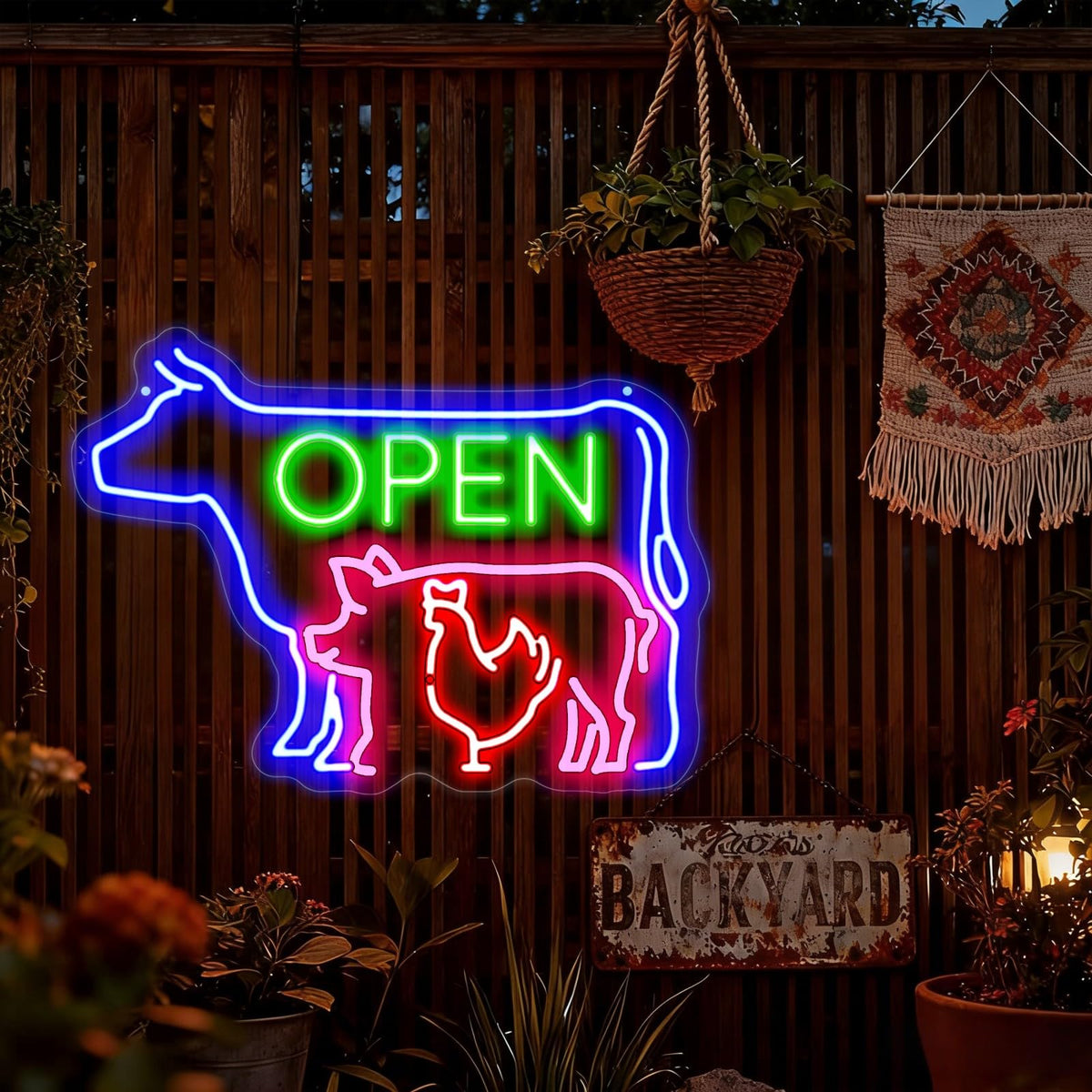 BBQ Open LED Neon Sign Farm Animal Butcher Shop Wall Decor (BBQ OPEN)