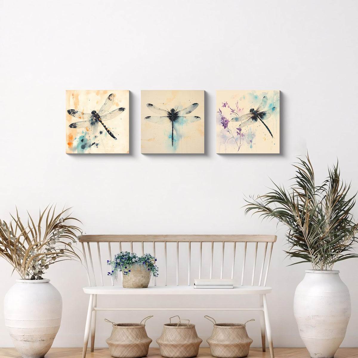 3Pcs Dragonfly Watercolor Wall Art Modern Nature Insect Floral Canvas Print Minimalist Teal Orange Black Ink Blue and Purple Splash Artwork Elegant Home Decor Living Room Bedroom Office (Watercolor Dragonfly / 12x12 inches (3 pieces))
