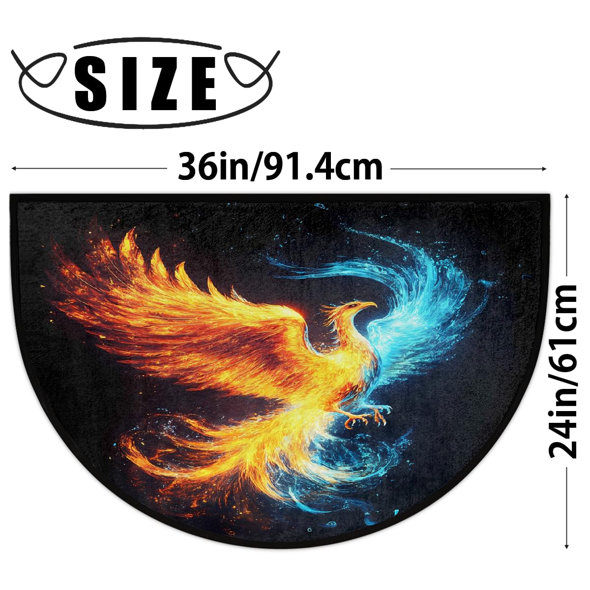 Abstract Fire Water Phoenix Half Round Door Mat Indoor Entrance Low Pile Non Slip Absorbent Semi Circle Welcome Mats Doormats 36x24 in Floor Mats for Home Kitchen (Abstract Fire Water Phoenix)