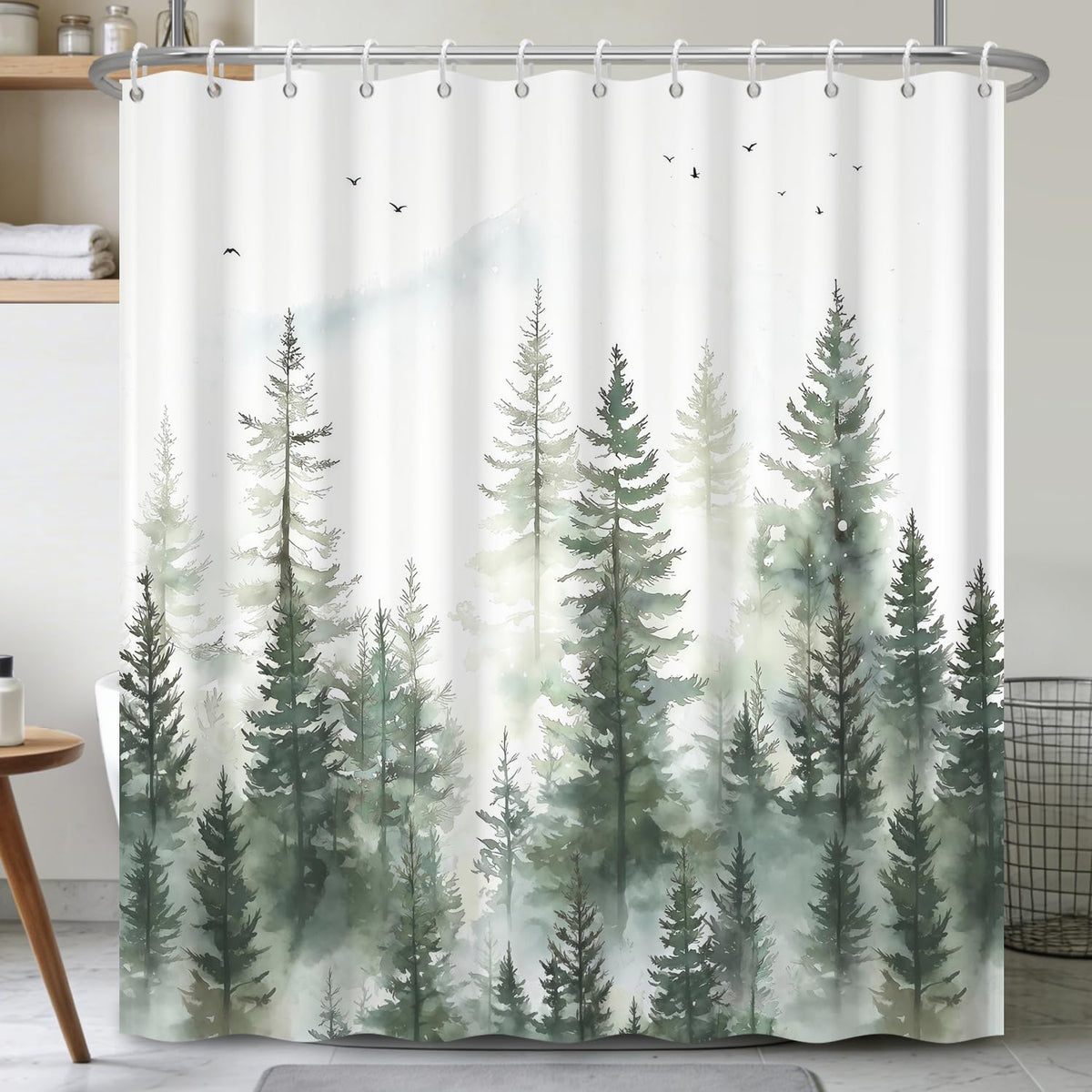 Serene Forest Landscape Shower Curtain with Hooks (Fog Forest)