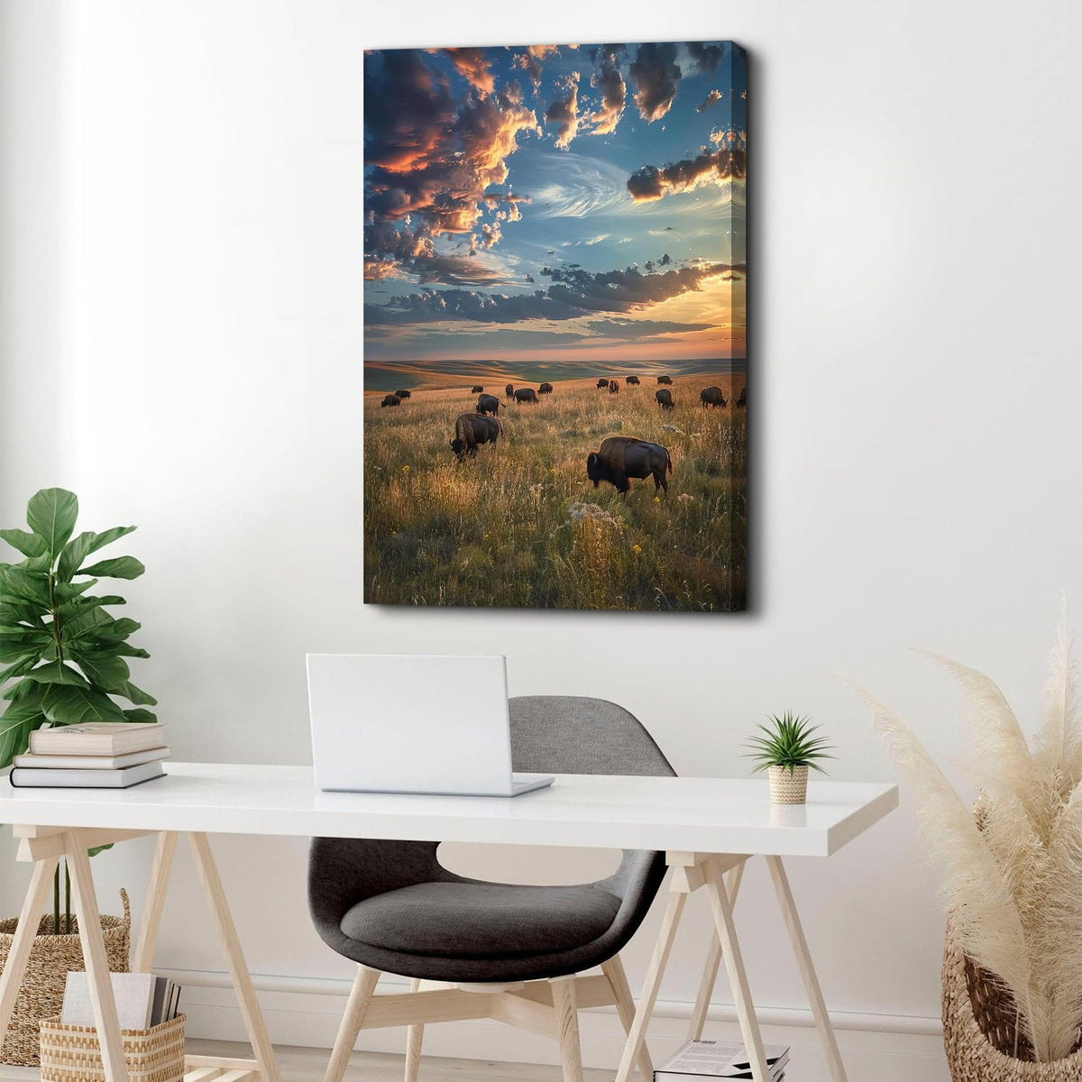 Sunset National Park Wall Art Cow Pictures Wall Decor Nature Tallgrass Prairie Farmhouse Scenic Canvas Prints American Bisons Photo Panting for Living Room Kitchen Home Decorations 32x48 (48"L x 32"W / Tallgrass Prairie)