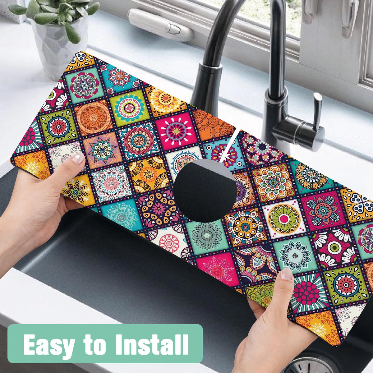 2 Pack Kitchen Sink Splash Guard Faucet Mat 24" X 5.5" Mandala Absorbent Fast Drying Mat Faucet Draining Mat Sink Splash Guard Behind Faucet Drip Catcher for Kitchen Bathroom (24*5.5inx2 / check)