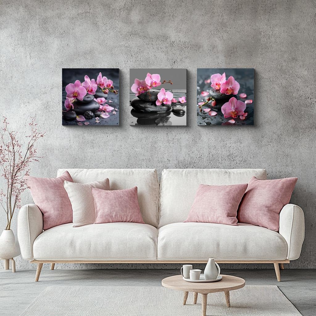3PCS Zen Spa Canvas Wall Art Pink Orchid Flower and Black Massage Stones Print Modern Botanical Floral Artwork Relaxation Theme Wall Decor for Bathroom Bedroom Home Spa Salon Decor (12X12inchX3pcs / Pink Orchid and Black Massage Stones)
