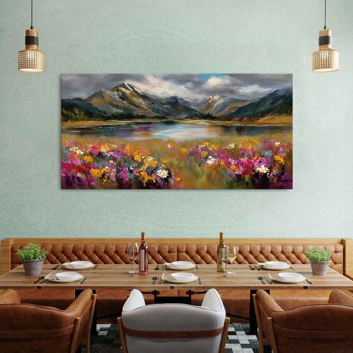 Wildflowers Wall Art Large Bedroom Wall Decor Abstract Forest Landscape Canvas Painting Picture Natural Mountains Framed Prints Meadow Scenic Poster Artwork for Girls Room Home Decorations 30x60 (57.8"L x 30"W / Mountain Floral)